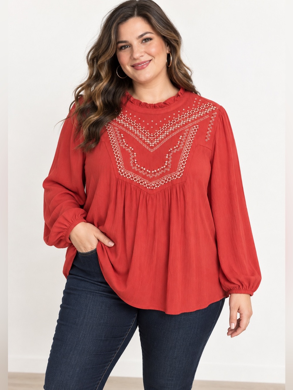 Torrid Size 3 Coral Embroidered Blouse Ruffle Neck Boho Long Sleeve